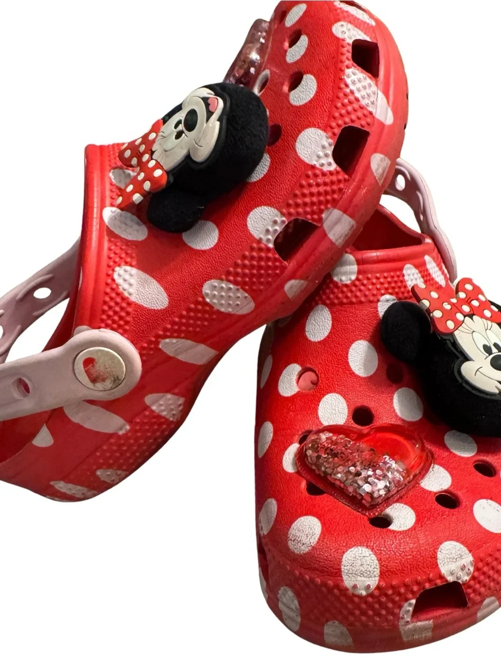 CROCS Kids Red Polka Dot Clogs with Minnie Charms